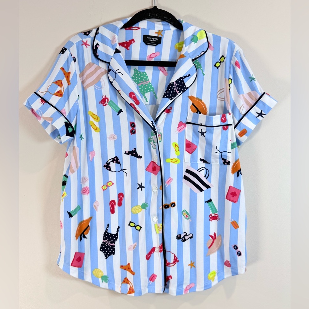 🔥Kate Spade Blue Striped Vacation Print Button-Up Sleepwear Top Size S EC🔥